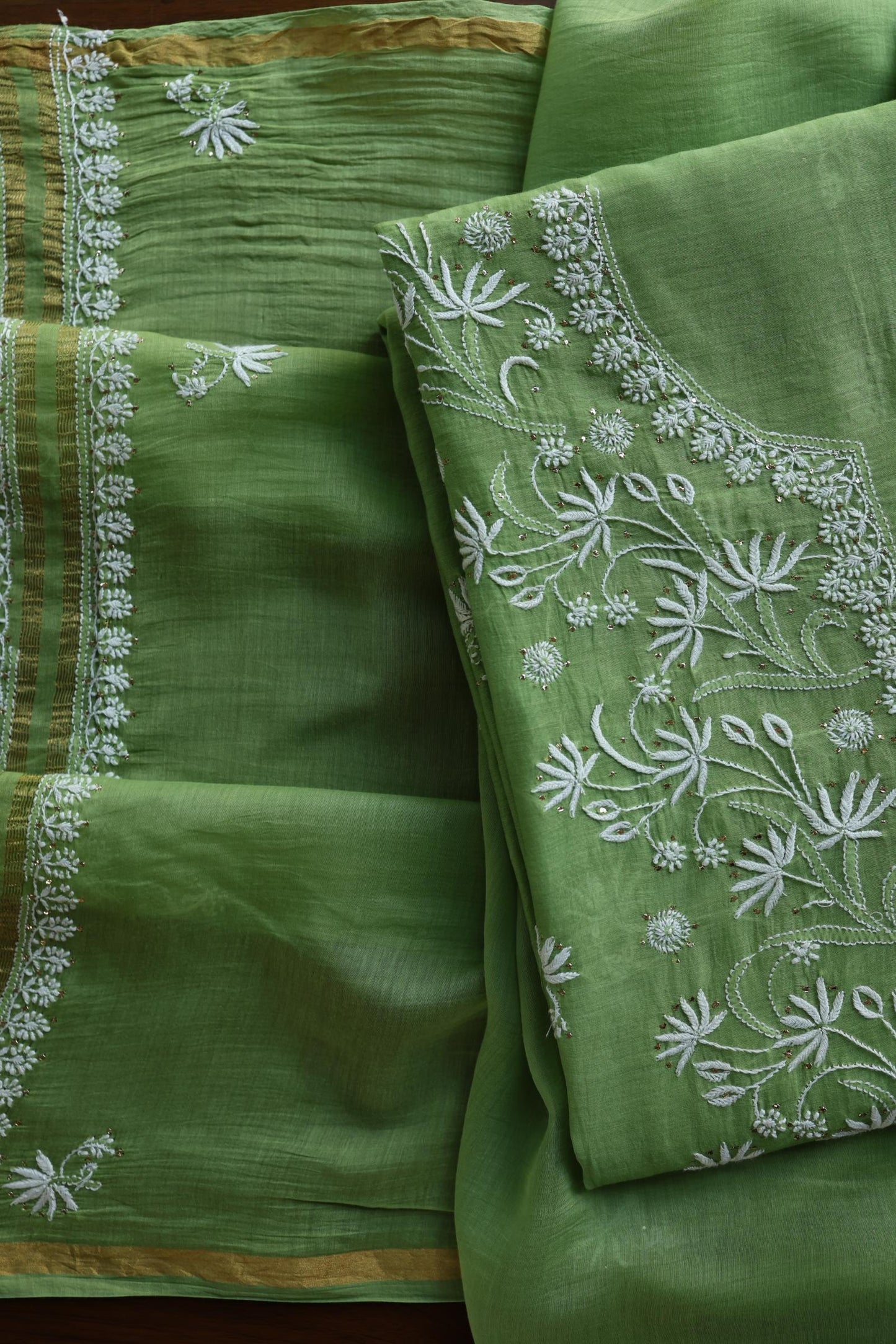 Cactus Green Shade Mal Cotton Fine Chikankari Unstitched Fabric