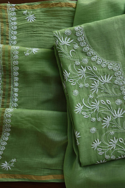 Cactus Green Shade Mal Cotton Fine Chikankari Unstitched Fabric