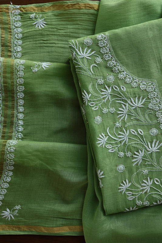 Cactus Green Shade Mal Cotton Fine Chikankari Unstitched Fabric