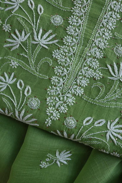 Cactus Green Shade Mal Cotton Fine Chikankari Unstitched Fabric