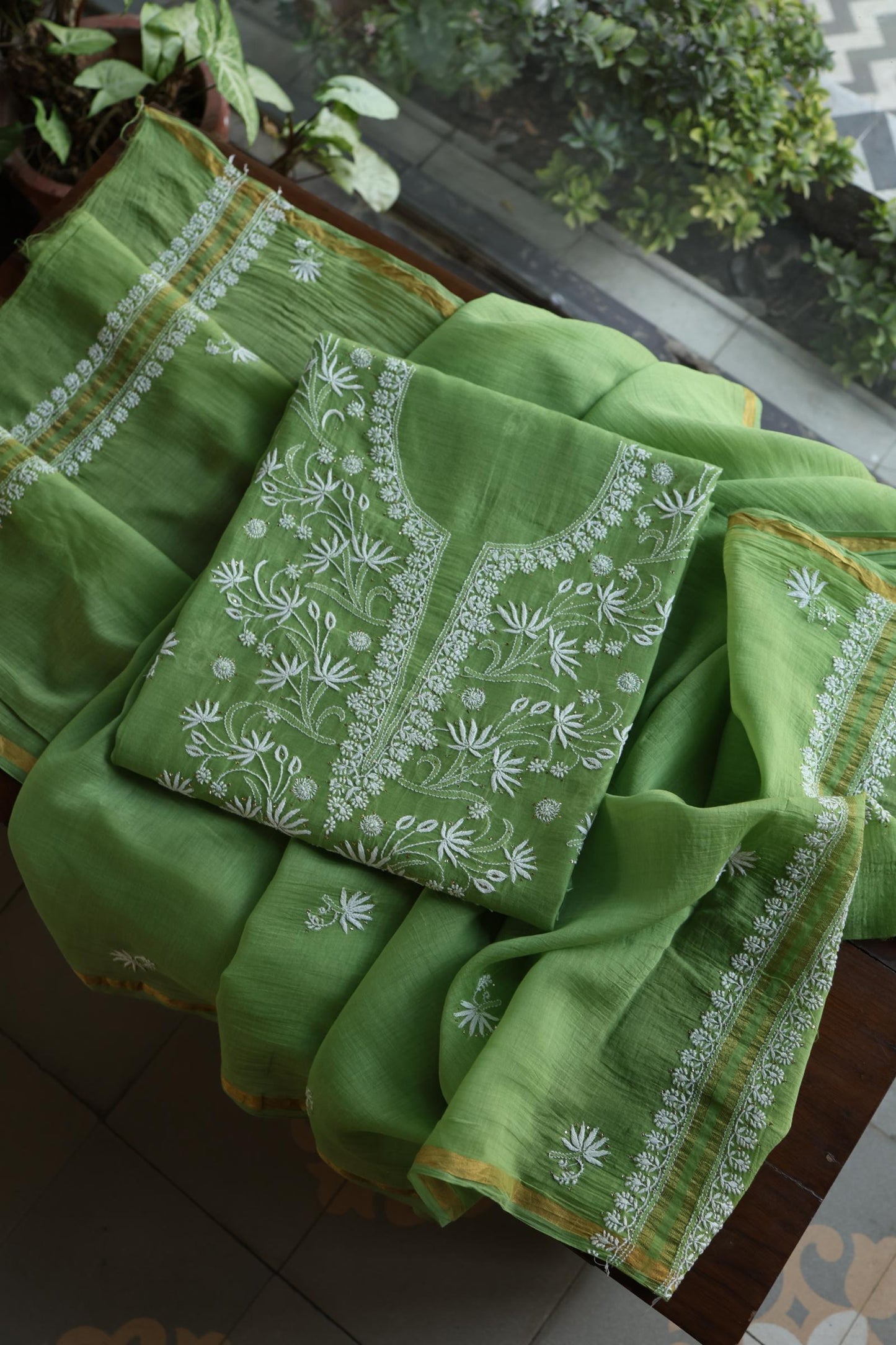 Cactus Green Shade Mal Cotton Fine Chikankari Unstitched Fabric