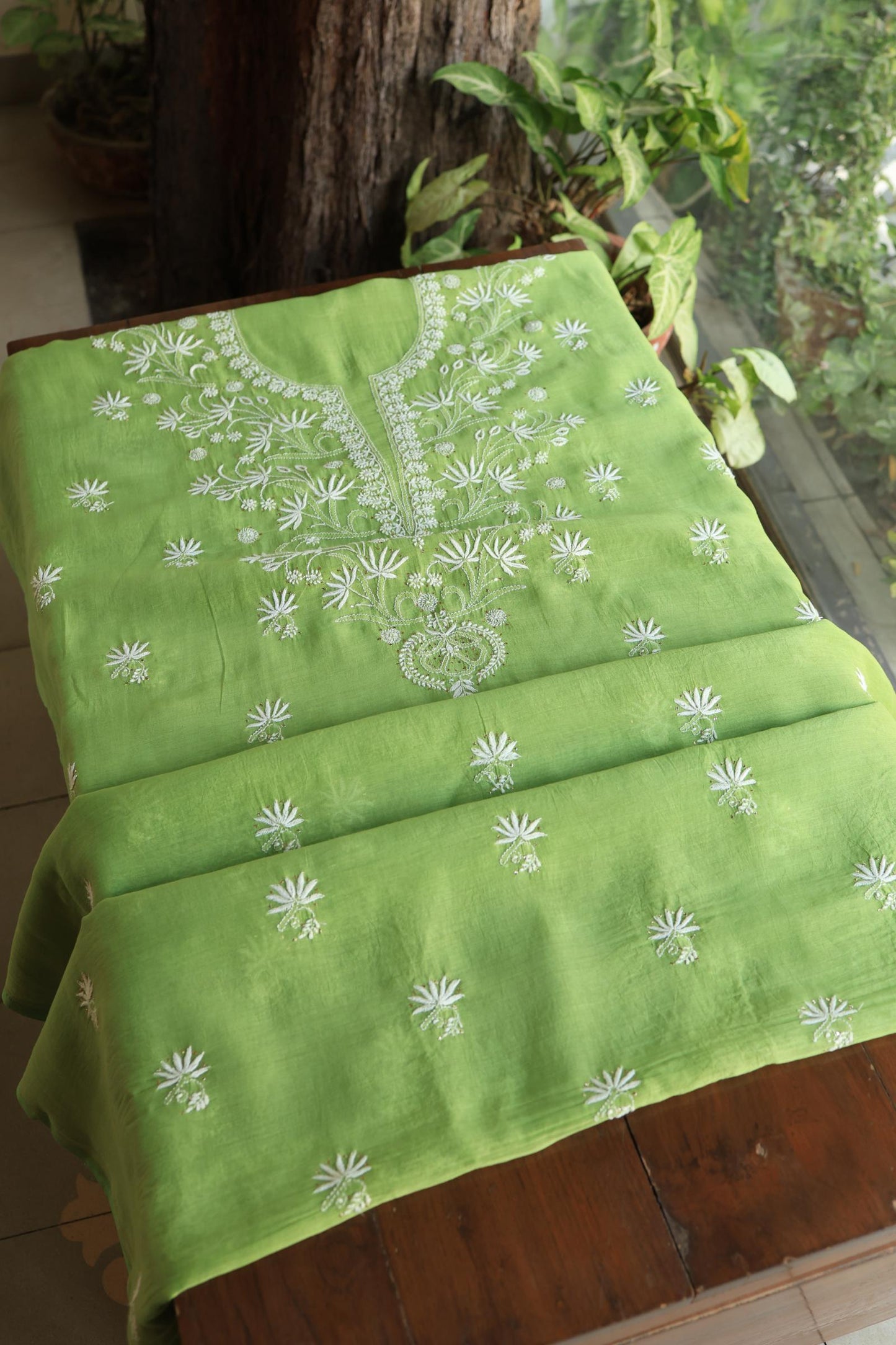 Cactus Green Shade Mal Cotton Fine Chikankari Unstitched Fabric