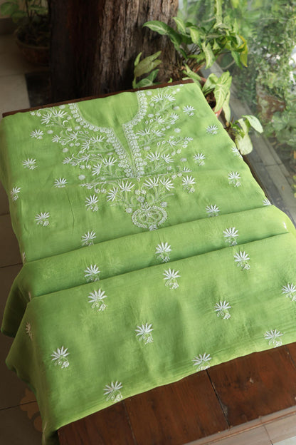 Cactus Green Shade Mal Cotton Fine Chikankari Unstitched Fabric