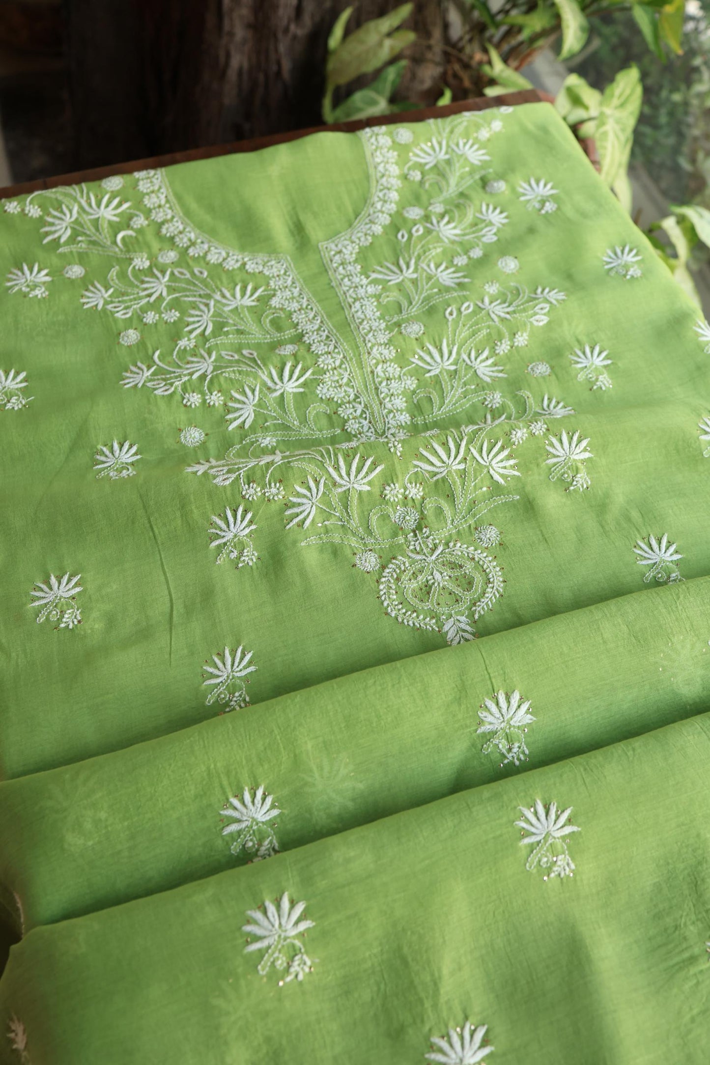 Cactus Green Shade Mal Cotton Fine Chikankari Unstitched Fabric
