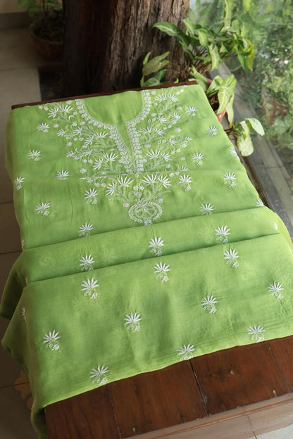 Cactus Green Shade Mal Cotton Fine Chikankari Unstitched Fabric