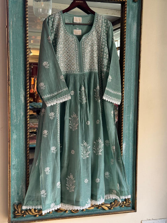 Cactus Green Shade Malmal Mukaish Kamdani Chikankari Kurta Set