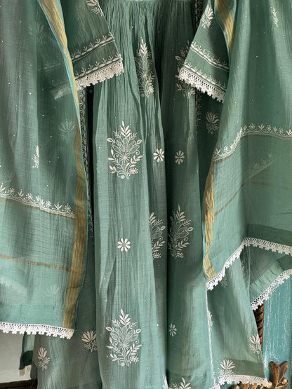 Cactus Green Shade Malmal Mukaish Kamdani Chikankari Kurta Set