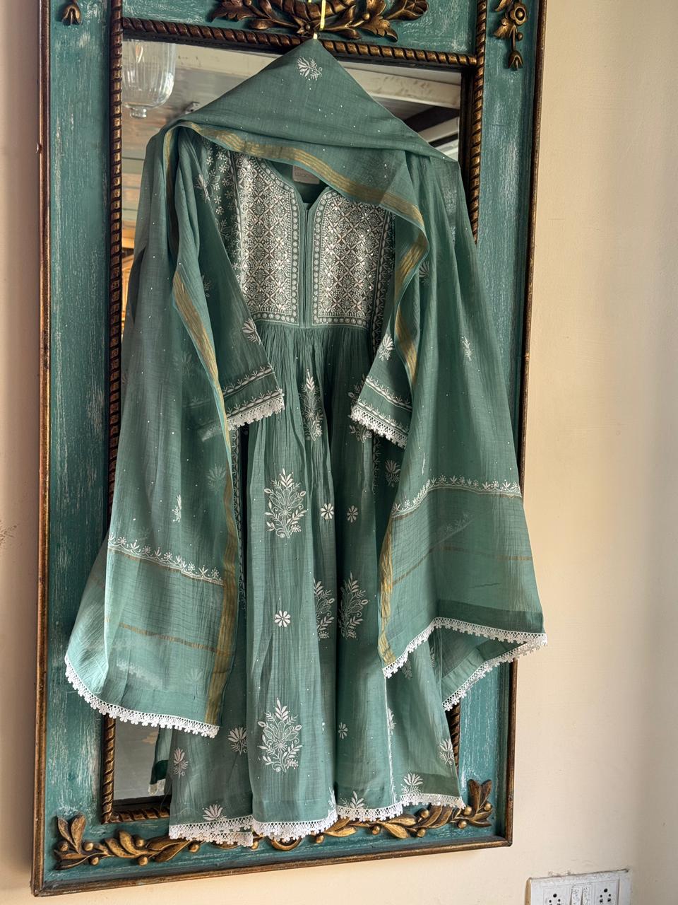 Cactus Green Shade Malmal Mukaish Kamdani Chikankari Kurta Set