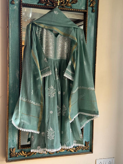 Cactus Green Shade Malmal Mukaish Kamdani Chikankari Kurta Set