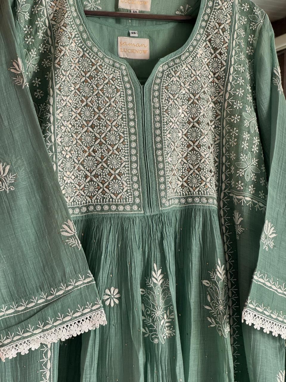 Cactus Green Shade Malmal Mukaish Kamdani Chikankari Kurta Set