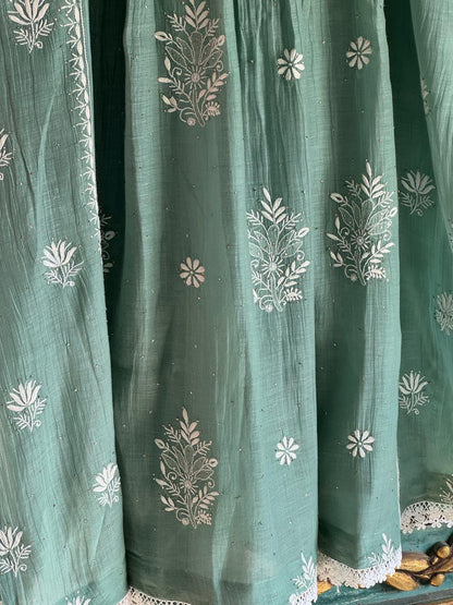 Cactus Green Shade Malmal Mukaish Kamdani Chikankari Kurta Set