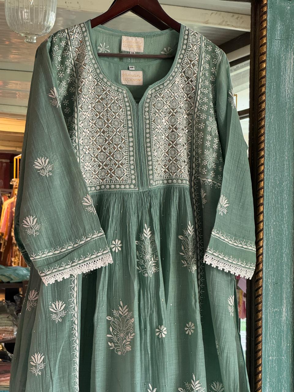Cactus Green Shade Malmal Mukaish Kamdani Chikankari Kurta Set