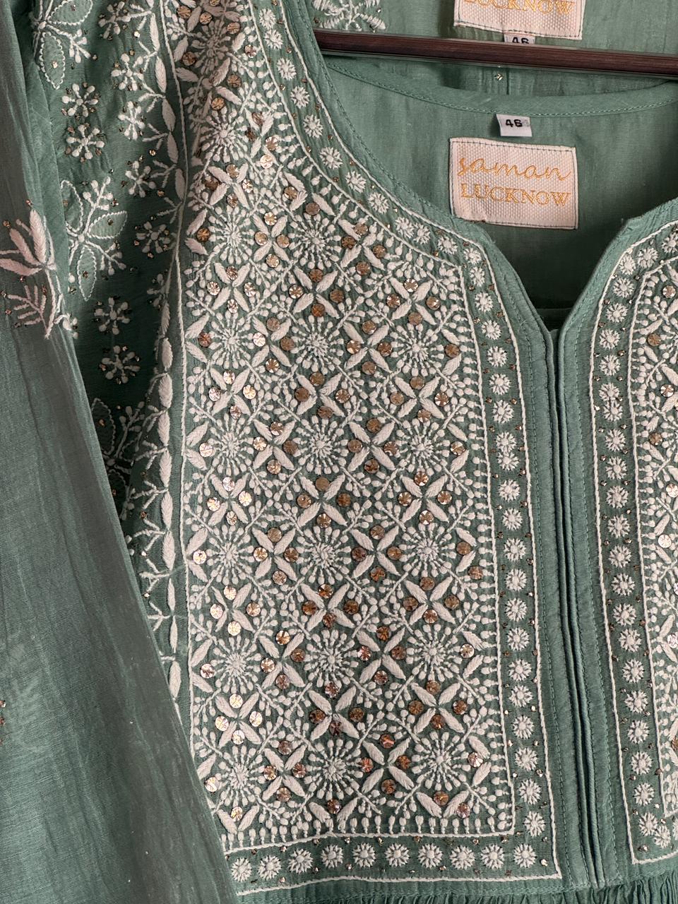 Cactus Green Shade Malmal Mukaish Kamdani Chikankari Kurta Set