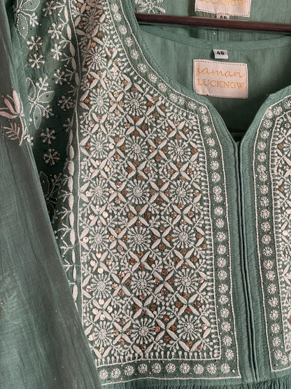 Cactus Green Shade Malmal Mukaish Kamdani Chikankari Kurta Set