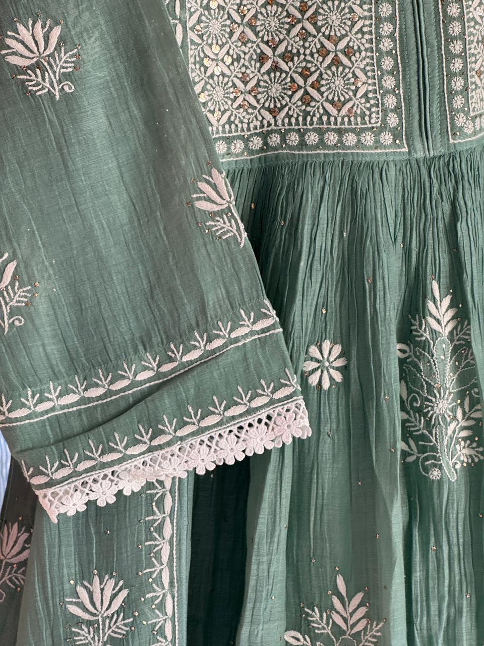 Cactus Green Shade Malmal Mukaish Kamdani Chikankari Kurta Set