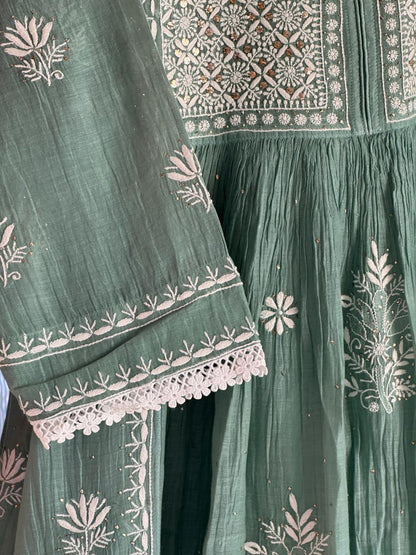 Cactus Green Shade Malmal Mukaish Kamdani Chikankari Kurta Set