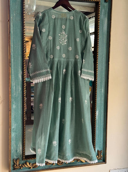 Cactus Green Shade Malmal Mukaish Kamdani Chikankari Kurta Set