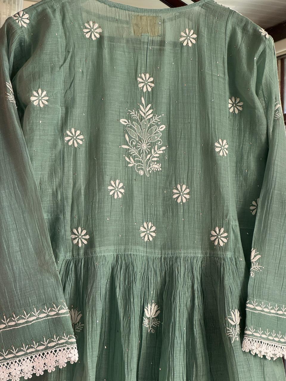 Cactus Green Shade Malmal Mukaish Kamdani Chikankari Kurta Set