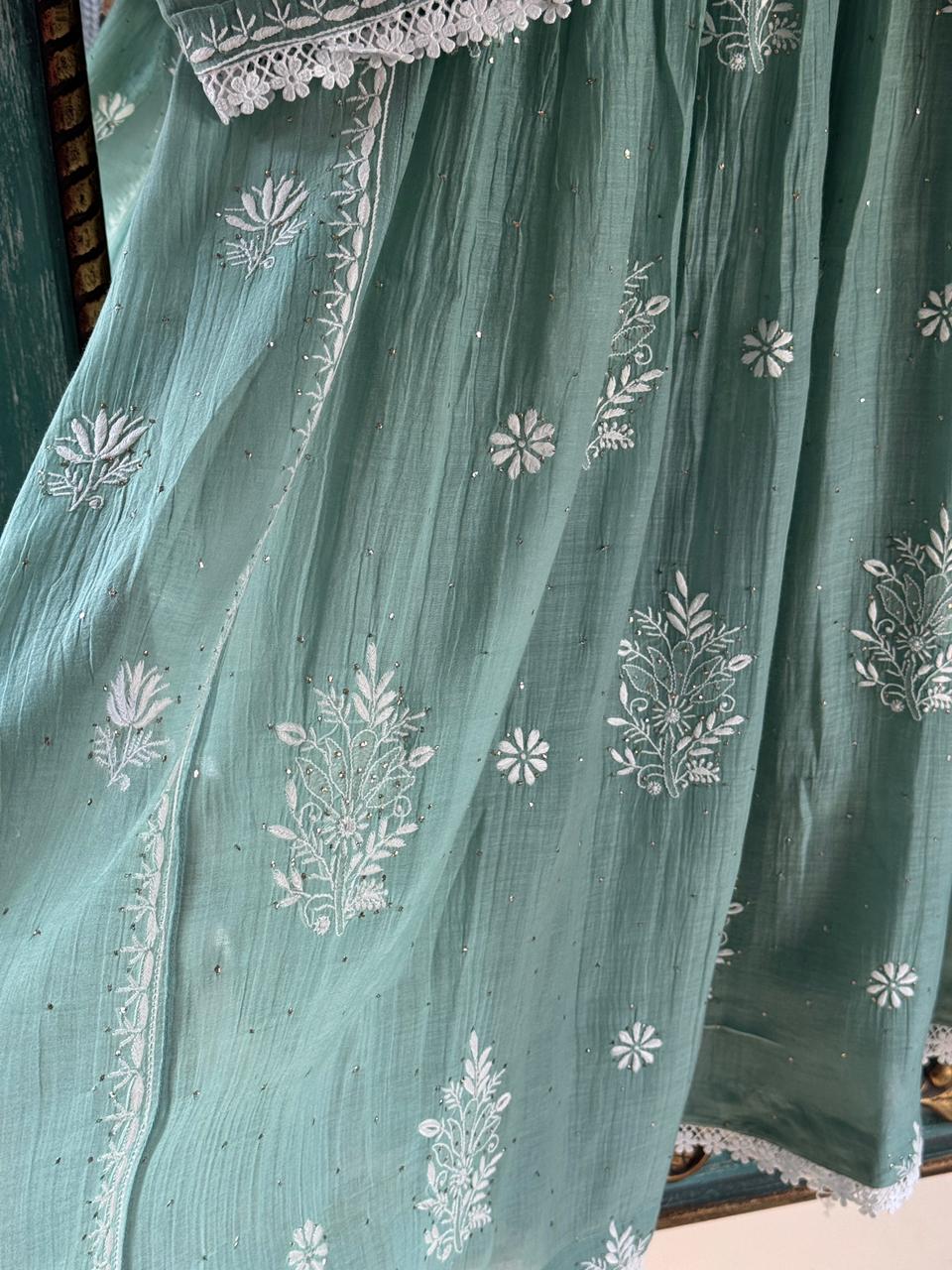 Cactus Green Shade Malmal Mukaish Kamdani Chikankari Kurta Set