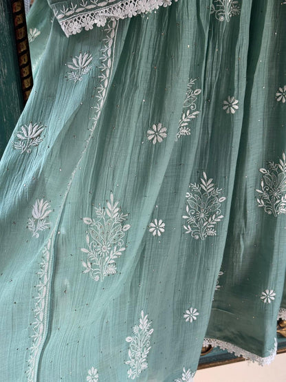 Cactus Green Shade Malmal Mukaish Kamdani Chikankari Kurta Set