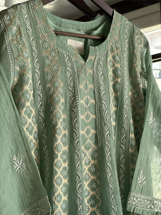 Cactus Green Shade Zari Chanderi Chikankari Ready to Wear Tunics