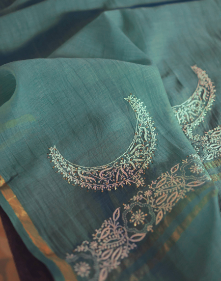 Cactus Green Crescent Chandbala Kamdani Chikankari Unstitched Fabric