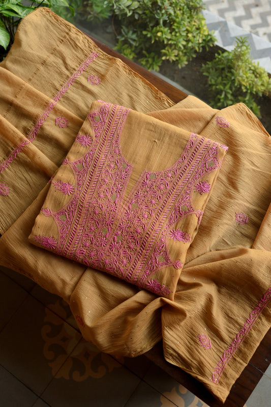 Camel Beige Mal Cotton Fine Chikankari With Kamdani Work Unstitched Fabric