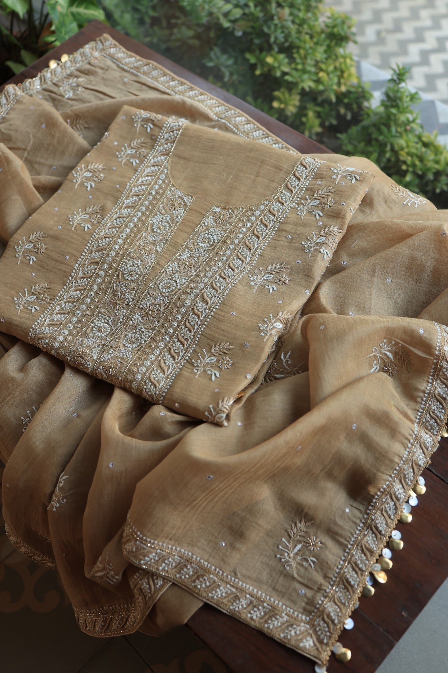 Camel Beige Roheen Tissue Silk Chikankari Unstitched Fabric