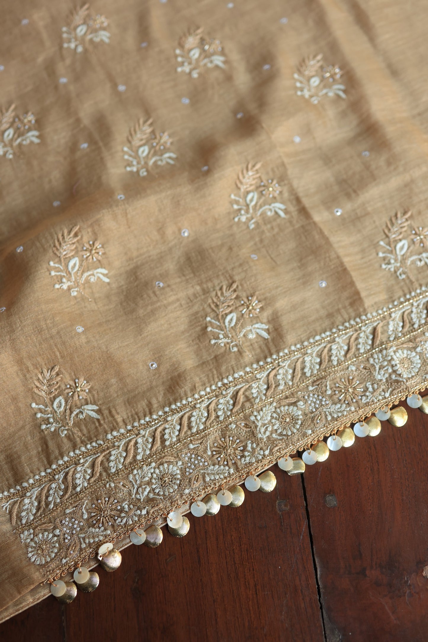 Camel Beige Roheen Tissue Silk Chikankari Unstitched Fabric