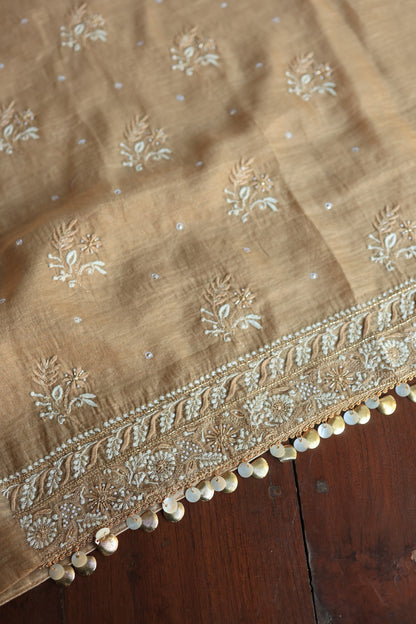 Camel Beige Roheen Tissue Silk Chikankari Unstitched Fabric