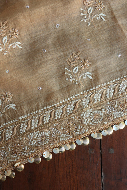 Camel Beige Roheen Tissue Silk Chikankari Unstitched Fabric