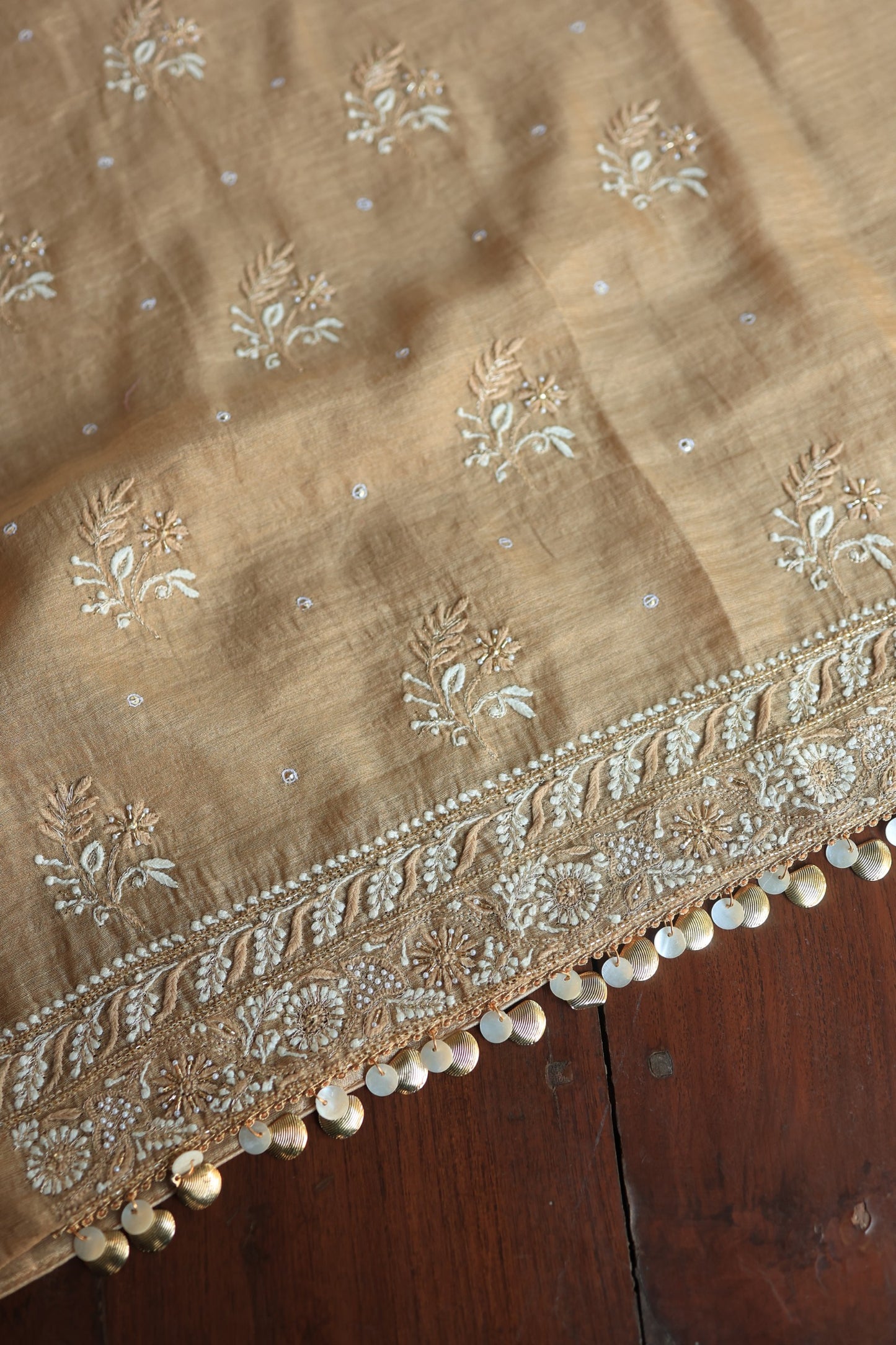 Camel Beige Roheen Tissue Silk Chikankari Unstitched Fabric