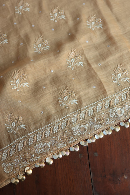 Camel Beige Roheen Tissue Silk Chikankari Unstitched Fabric