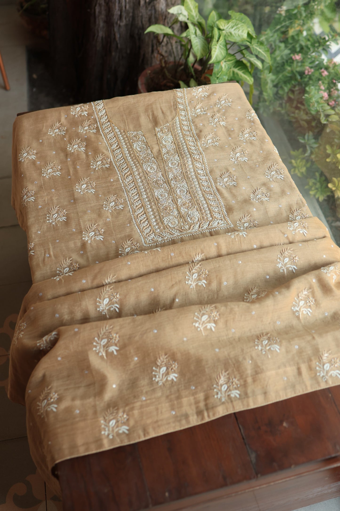 Camel Beige Roheen Tissue Silk Chikankari Unstitched Fabric