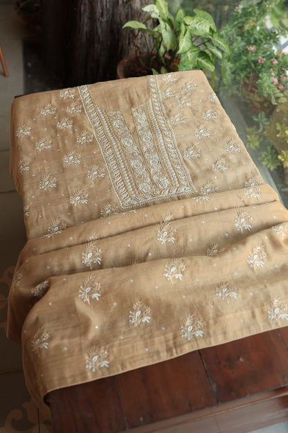 Camel Beige Roheen Tissue Silk Chikankari Unstitched Fabric