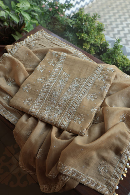 Camel Beige Roheen Tissue Silk Chikankari Unstitched Fabric