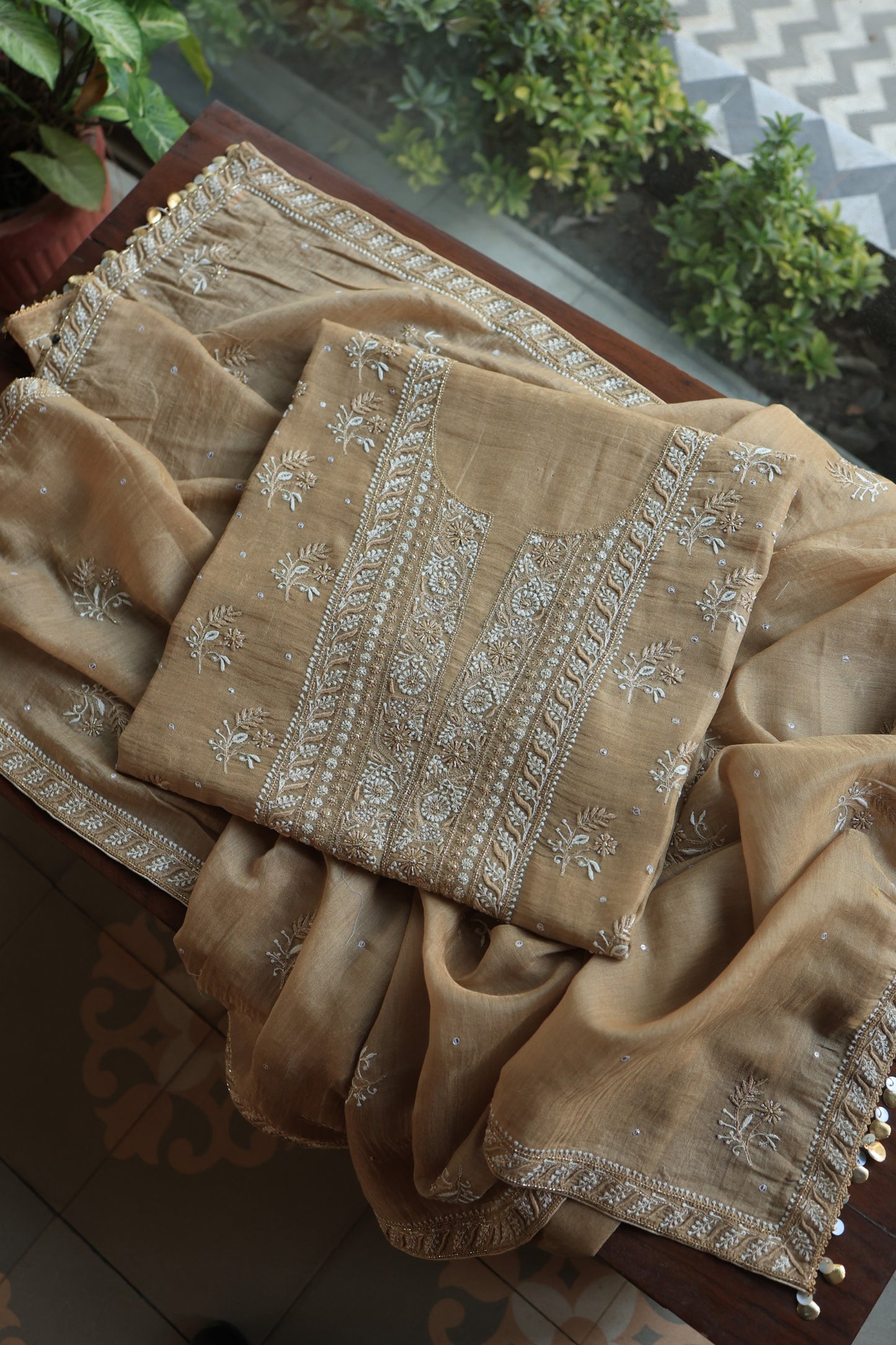 Camel Beige Roheen Tissue Silk Chikankari Unstitched Fabric