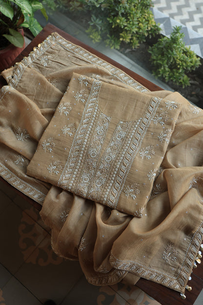 Camel Beige Roheen Tissue Silk Chikankari Unstitched Fabric