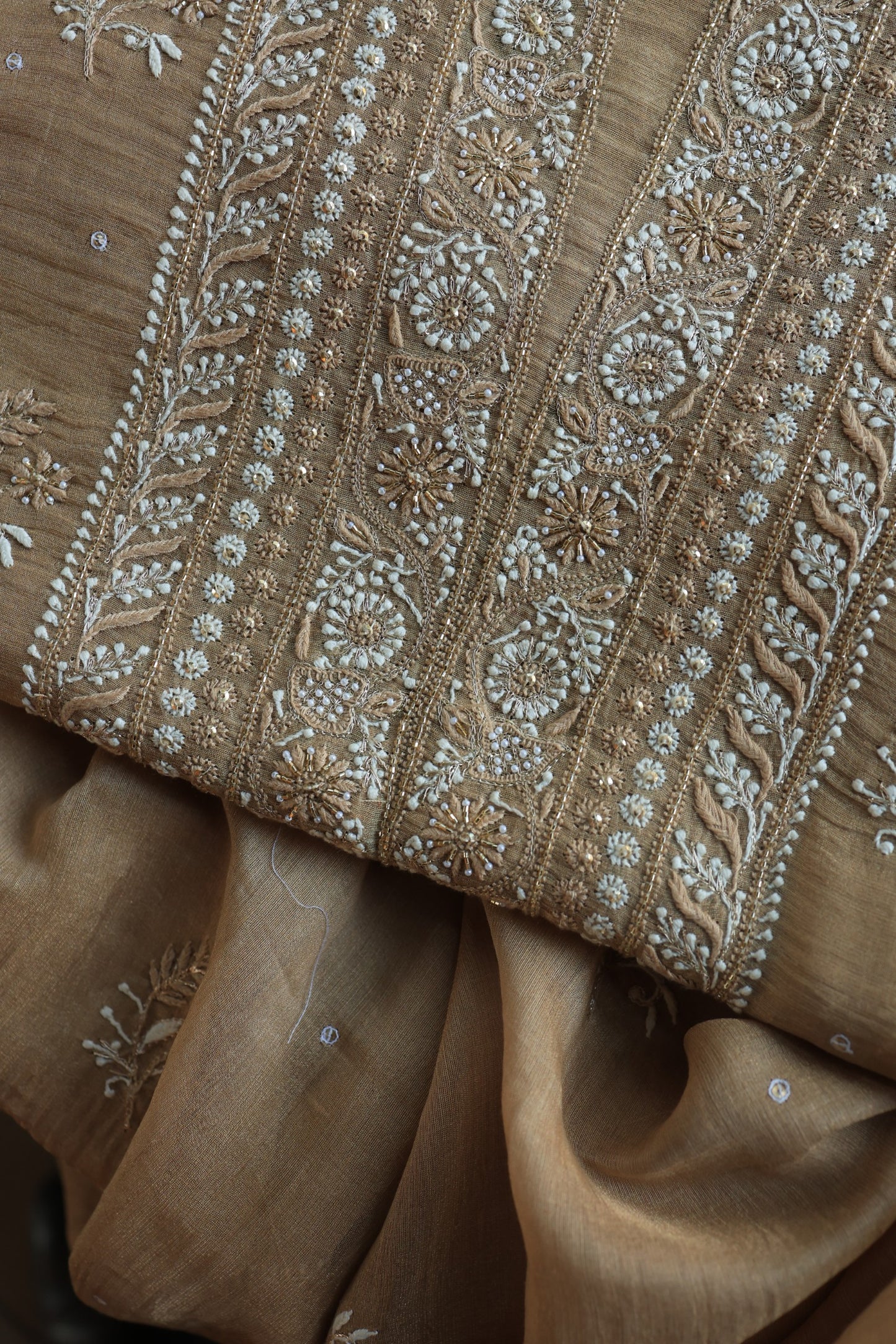 Camel Beige Roheen Tissue Silk Chikankari Unstitched Fabric