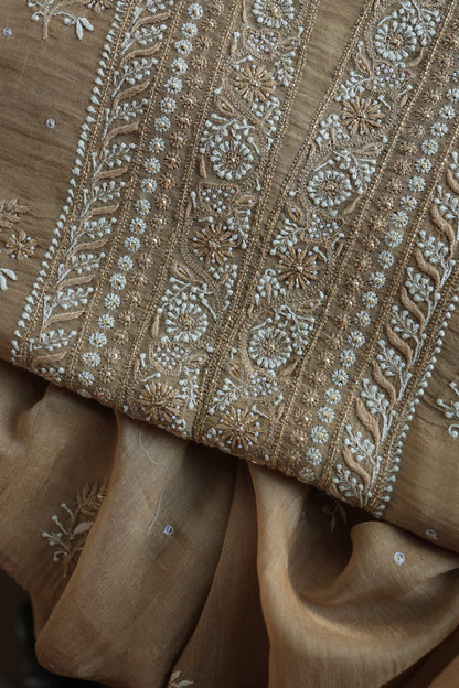 Camel Beige Roheen Tissue Silk Chikankari Unstitched Fabric