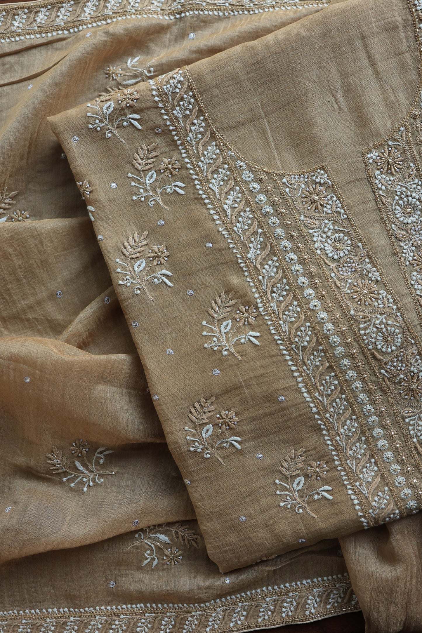 Camel Beige Roheen Tissue Silk Chikankari Unstitched Fabric