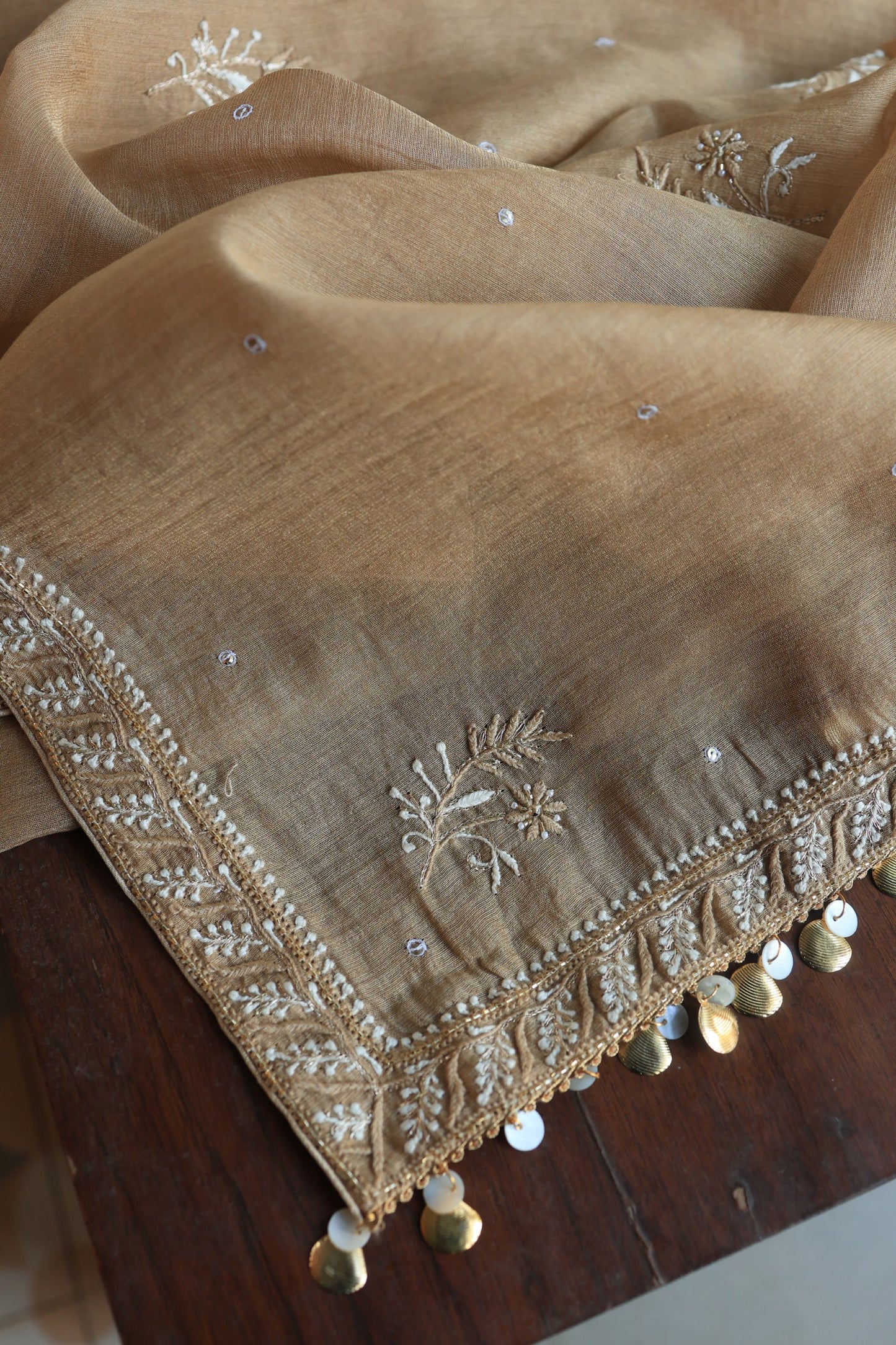 Camel Beige Roheen Tissue Silk Chikankari Unstitched Fabric