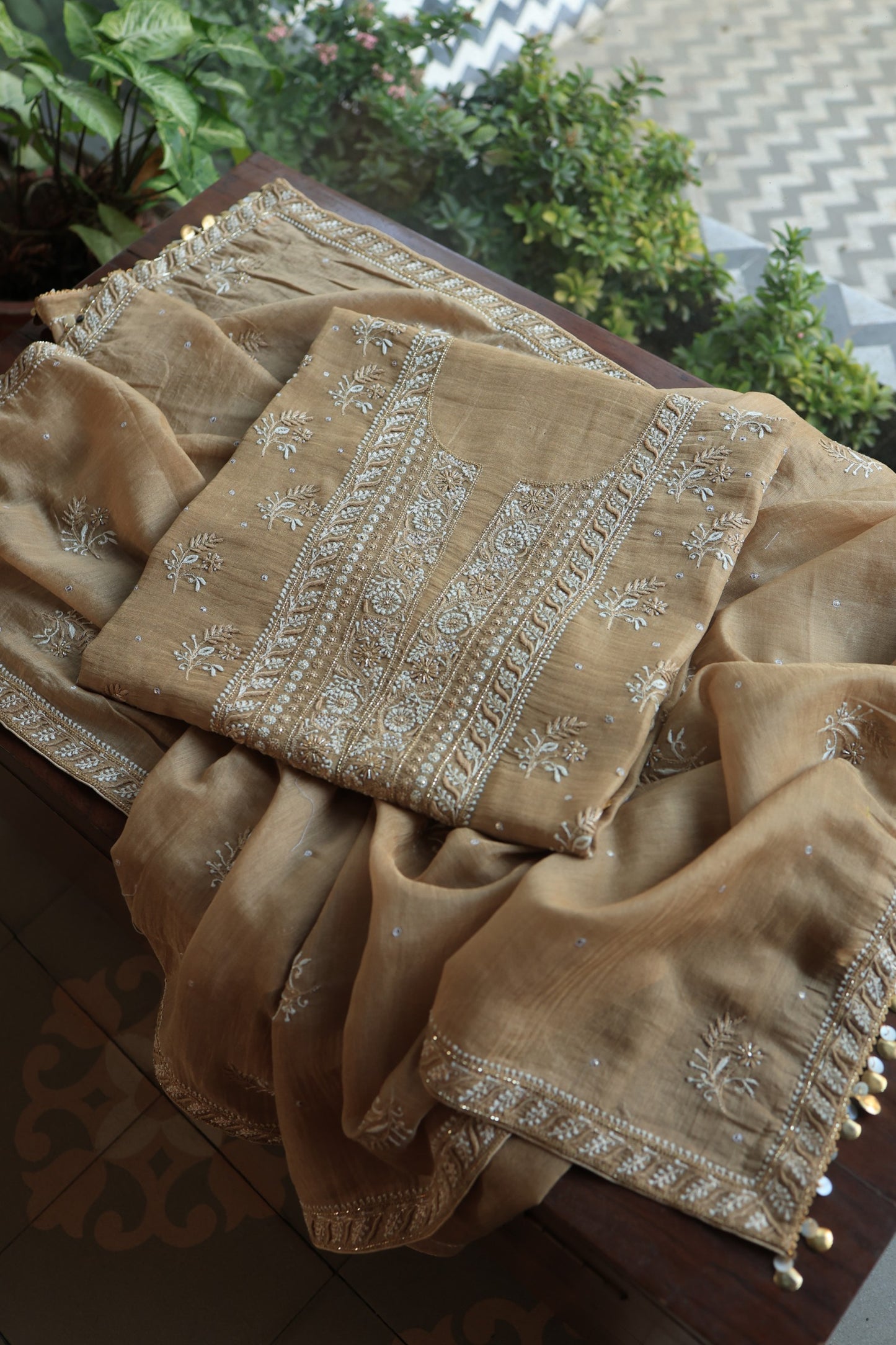 Camel Beige Roheen Tissue Silk Chikankari Unstitched Fabric