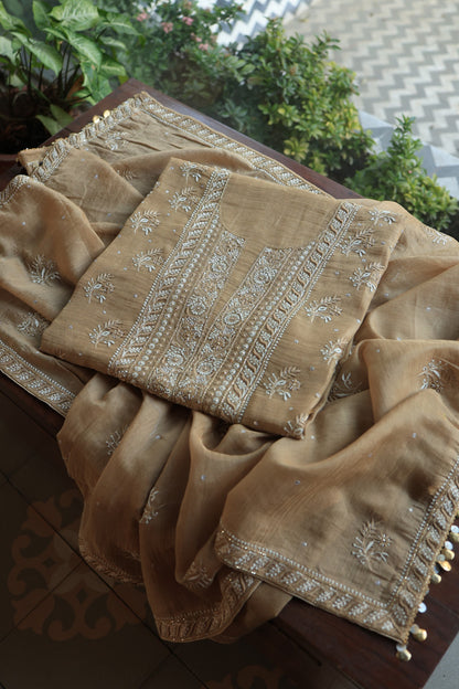 Camel Beige Roheen Tissue Silk Chikankari Unstitched Fabric