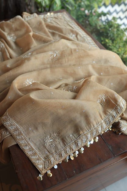 Camel Beige Roheen Tissue Silk Chikankari Unstitched Fabric