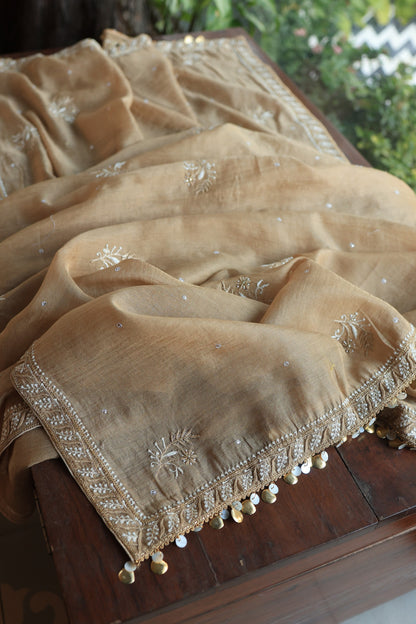 Camel Beige Roheen Tissue Silk Chikankari Unstitched Fabric