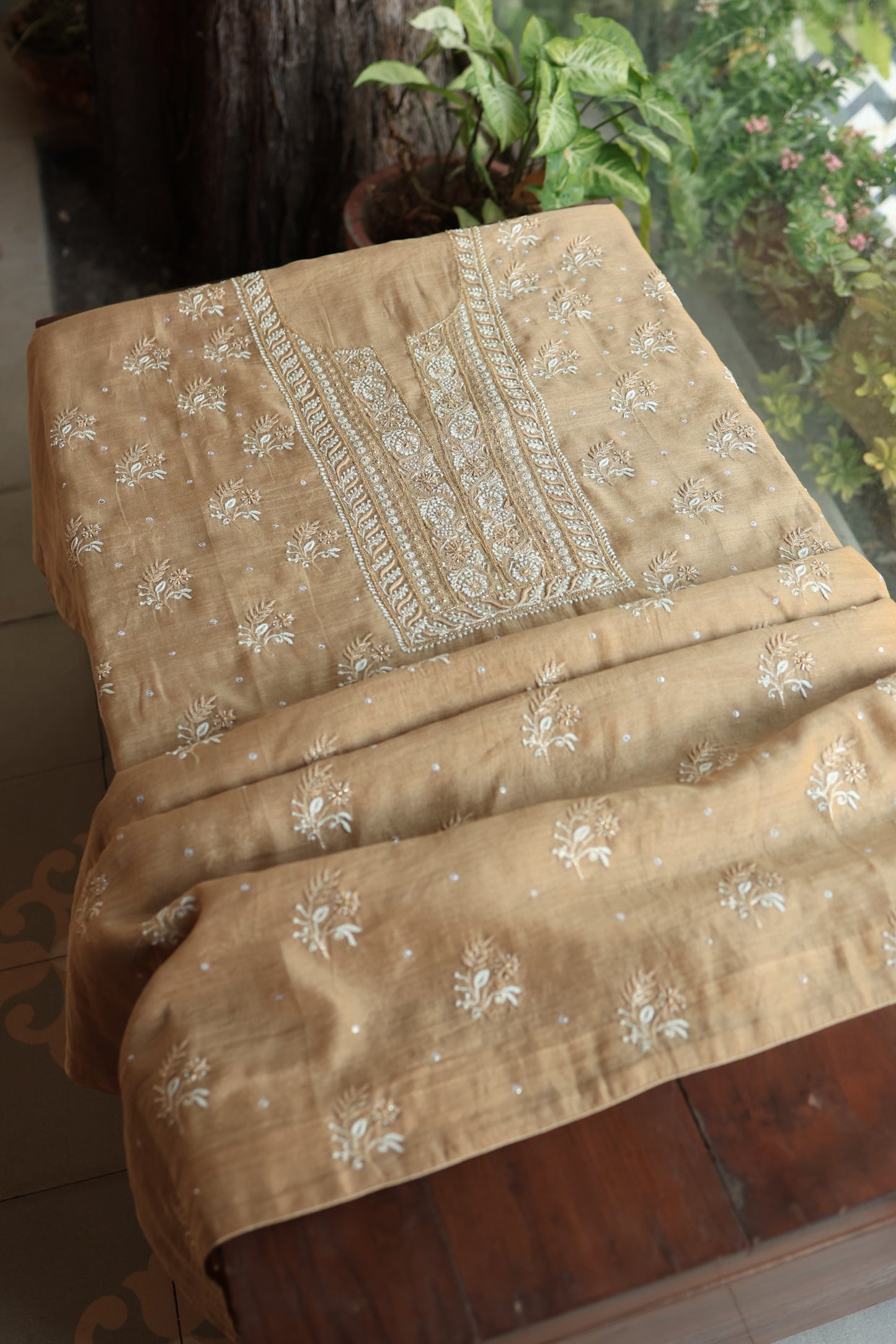 Camel Beige Roheen Tissue Silk Chikankari Unstitched Fabric