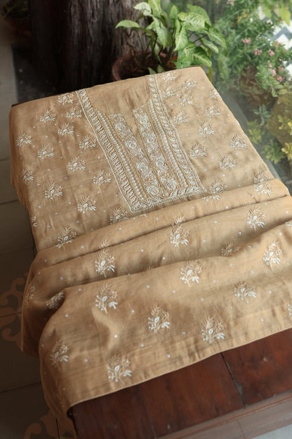 Camel Beige Roheen Tissue Silk Chikankari Unstitched Fabric