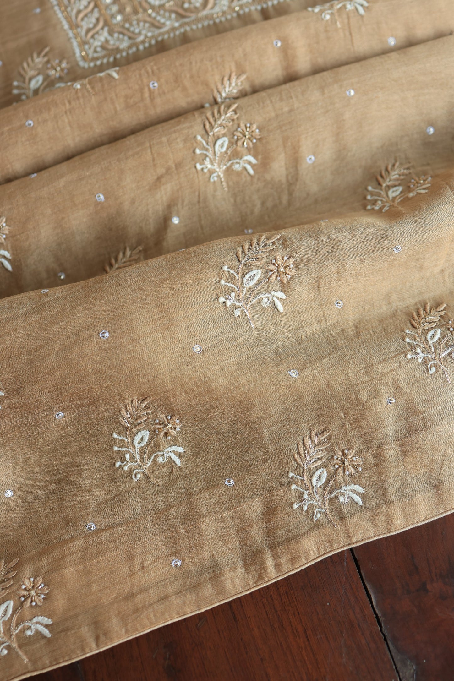 Camel Beige Roheen Tissue Silk Chikankari Unstitched Fabric
