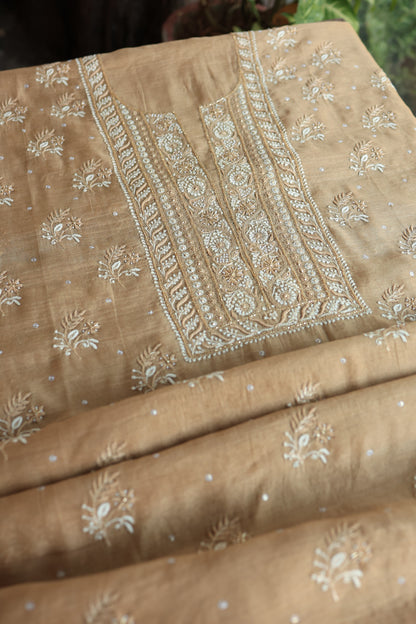 Camel Beige Roheen Tissue Silk Chikankari Unstitched Fabric